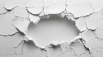 Obraz premium A fracture in a white wall, revealing a broken hole with textured background elements.
