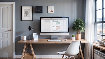Stylish home office with computer, wooden desk, and decorative plants in contemporary interior