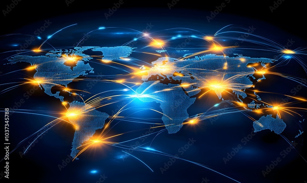 Fototapete a glowing map of the world interconnected by vibrant network lines, illustrating global connectivity