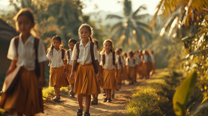A group of young girls walk down a path in a tropical setting, wearing school uniforms.