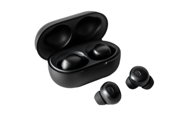 black airpods isolated on a white transparent background