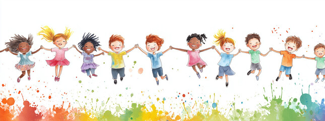 Cute cartoon children's drawing of many happy kids holding hands and jumping, white
background, colorful , simple hand drawn style, Ai