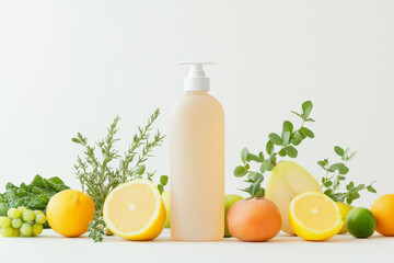 Fototapeta premium A clear bottle stands among fresh fruits and herbs, including lemons, oranges, and green grapes, creating vibrant and refreshing scene. This arrangement evokes sense of natural wellness and vitality
