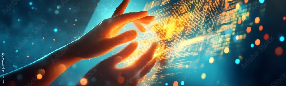 Aufkleber a mesmerizing image depicting hands interacting with bright, colorful digital particles, symbolizing