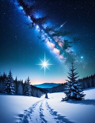 Fototapeta premium Night sky with a bright star in a surreal winter landscape