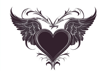 Winged heart with ornate design in black and white