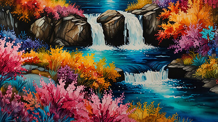Fototapeta premium Vibrant Waterfall with Colorful Flora and Ink Art Style