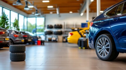 Fototapeta premium Interior de un concesionario de coches con neumáticos apilados y varios vehículos estacionados. El ambiente es amplio y moderno, con grandes ventanales que dejan entrar la luz. 