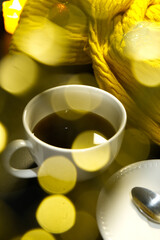 Hot coffee cup decor for Christmas season with foreground style. Foreground image of coffee after dinner of Xmas night. Home party, kitchen, lovely day, romance, light decoration for texture and card.