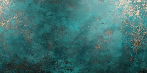 Fototapeta premium Oxidized copper surface with a rich turquoise patina and subtle patches of rust, creating a textured and weathered metallic effect, perfect for industrial or vintage designs, selective focus