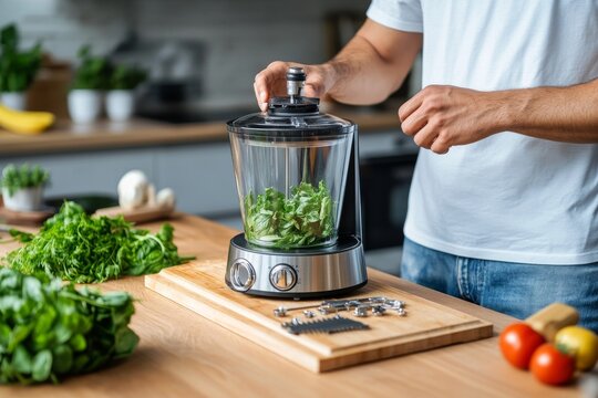 Hombre colocando espinacas frescas en una licuadora en una cocina moderna. La mesa est&aacute; llena de ingredientes frescos como tomates y hierbas.
