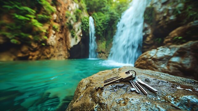 A set of keys dropped onto a rock beside a jungle waterfall