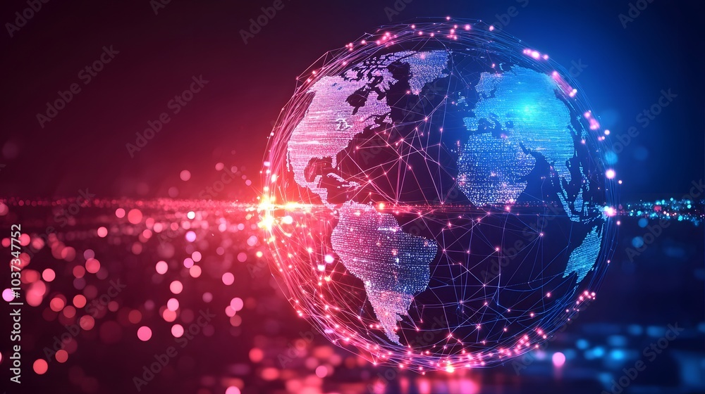 Poster a vibrant, digital depiction of earth, illuminated with bright red and blue light patterns, symboliz