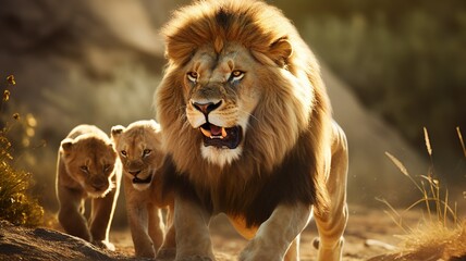 A detailed scene of a male lion interacting with his pride, with cubs playfully climbing on him and the lion's protective demeanor highlighted against the backdrop of the African savannah