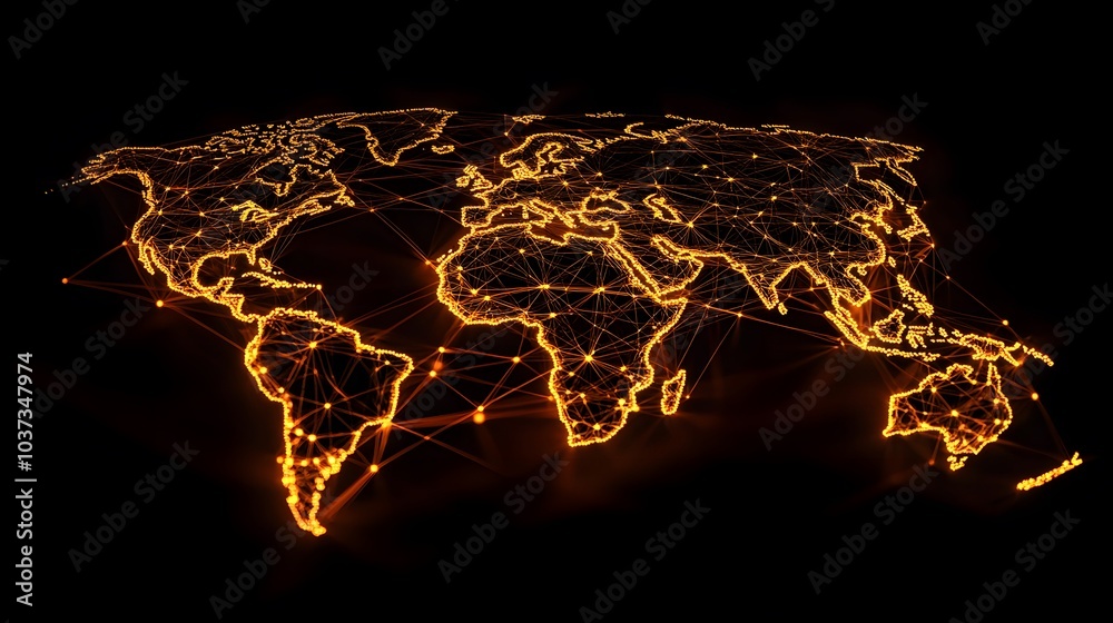 Poster a glowing map of the world, illuminated with bright lines representing cities and connections, again