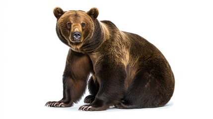 Fototapeta premium A realistic depiction of a brown bear sitting, showcasing its distinctive features and fur texture against a plain background.