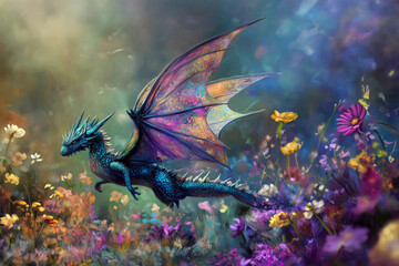 A graceful dragon with butterfly-like wings, flying through a field of vibrant flowers.