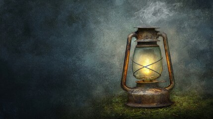 A rustic lantern emits a warm glow, surrounded by a dark, textured background, creating a nostalgic and serene atmosphere.
