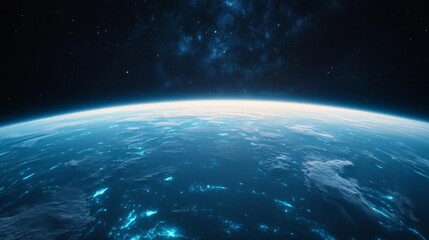 Obraz premium Space habitat above glowing alien ocean, bioluminescent creatures, cosmic view