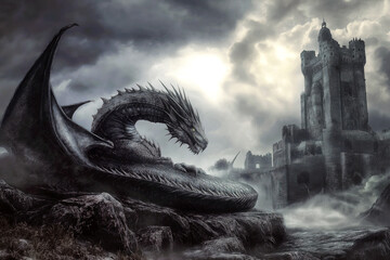 Fototapeta premium Dragon curled up around an ancient castle, with storm clouds gathering overhead.