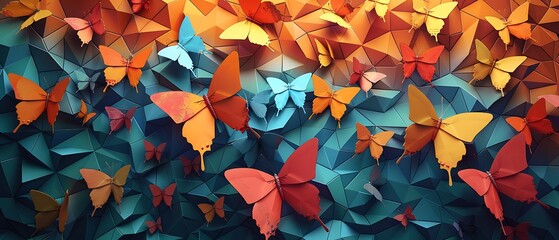Vibrant display of colorful butterflies against a geometric background an artistic exploration of nature's beauty and diversity