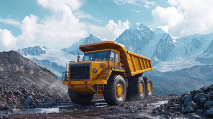 Massive mining truck positioned in rugged landscape with towering mountains in background, showcasing power and capability of heavy machinery in challenging environments