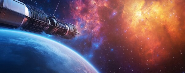 Naklejka premium Space station orbiting alien planet, vibrant nebula, star-filled backdrop