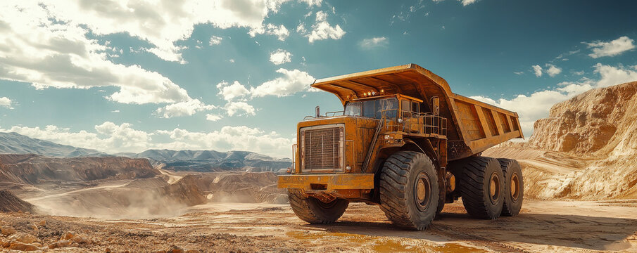 Massive industrial mining truck parked on rocky terrain under bright sky, showcasing its robust design and powerful presence in mining environment