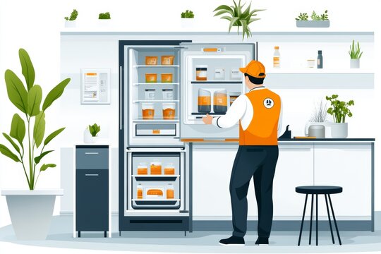Un trabajador con chaleco naranja inspecciona un refrigerador en una cocina moderna, rodeado de plantas. Representado en estilo de ilustraci&oacute;n vectorial plana.

