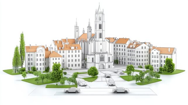 Un modelo arquitect&oacute;nico de una ciudad con un catedral en el centro, rodeada de edificios residenciales y vegetaci&oacute;n.

