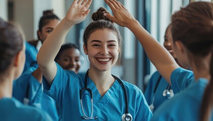 A joyful healthcare team celebrates together, highlighting unity and positivity in the nursing profession.