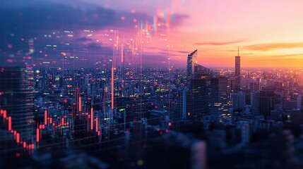 Fototapeta premium Urban Skyline at Dusk with Data Visualization Elements