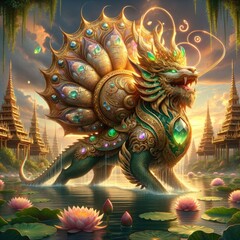 Fototapeta premium Majestic Mythical lion-Dragon: A Regal Creature with Ornate Jewel-Encrusted Shell Gliding Through a Lotus-Filled Lake Under a Glowing Sunset in a Mystical Landscape