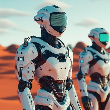 Terraforming robots, red alien desert, advanced technology, holographic interfaces