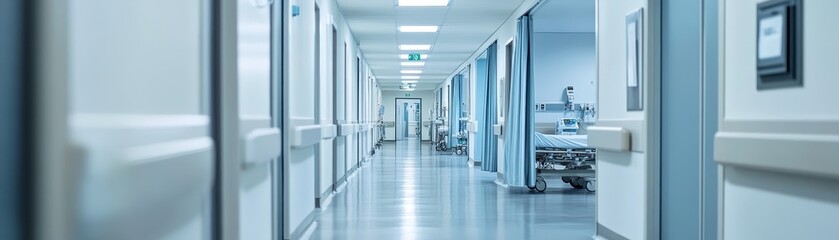 A quiet hospital corridor with blue tones, featuring closed doors and medical equipment, creating a clean and sterile environment.