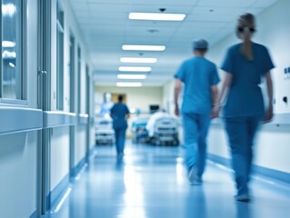 Fototapeta premium A blurry corridor in a hospital with healthcare workers in scrubs walking, conveying a busy medical environment.