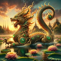 Obraz premium Majestic Mythical lion-Dragon: A Regal Creature with Ornate Jewel-Encrusted Shell Gliding Through a Lotus-Filled Lake Under a Glowing Sunset in a Mystical Landscape