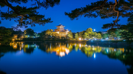 Fototapeta premium Night view of Hikone Castle during the illumination event, the castle is lit up with lights in every corner, the surrounding trees reflect the light, Ai generated images