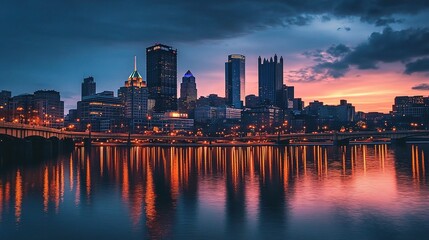 Fototapeta premium Urban Cityscape at Dusk with City Lights Reflected