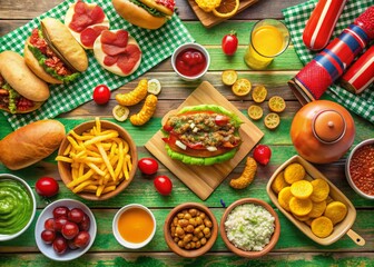 Fototapeta premium Overhead View of Tailgate Party Food for Football Fans – Delicious Snacks, Grilled Favorites, and Vibrant Atmosphere