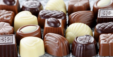 Background of various chocolate candies. 