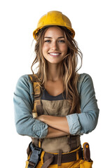 Female builder on isolated transparent background for design. Young smiling woman in work clothes and helmet on isolated background.