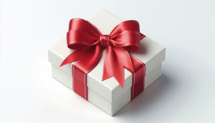Obraz premium Minimalist top-down view of a white gift box, adorned with a smooth, silky red ribbon tied into a perfect bow, set against a clean white background