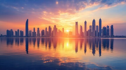 Obraz premium Stunning City Skyline at Sunset with Reflections