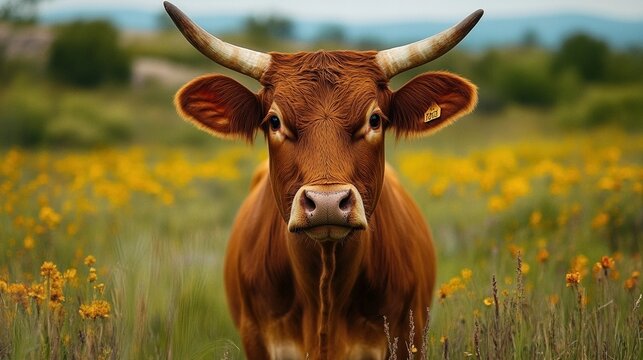 Retrato de una vaca marr&oacute;n en un campo florido, concepto de vida rural y naturaleza en un entorno natura