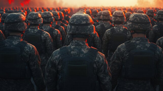 Soldados en formaci&oacute;n al amanecer, grupo de militares en uniforme de camuflaje con luz c&aacute;lida, concepto de disciplina y estrategia