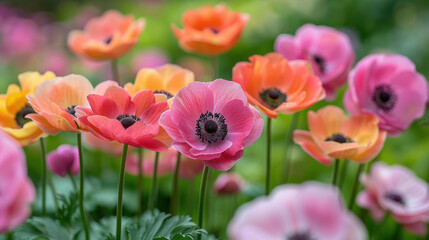 Delicate Pink Anemone Flower in Bloom, Vibrant anemone flowers in varying shades bloom beautifully in a garden setting, creating a stunning visual display of nature's colors, Peach pink of flower.