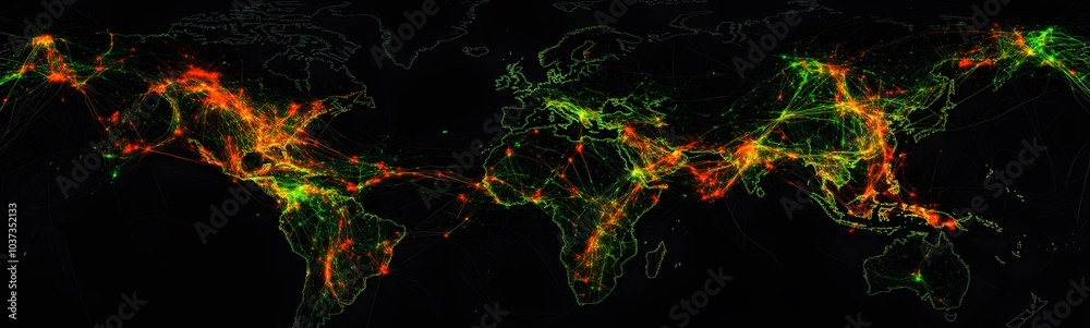 Fototapete a vibrant visualization depicting global connectivity through illuminated patterns across continents
