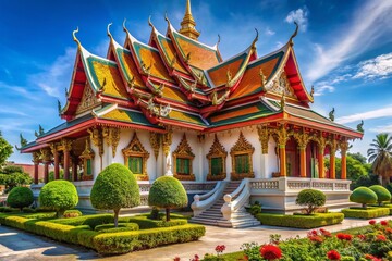Fototapeta premium Panoramic View of Chiang Wat Plai Kang Temple Showcasing Chinese Architectural Elegance and Vibrant Colors