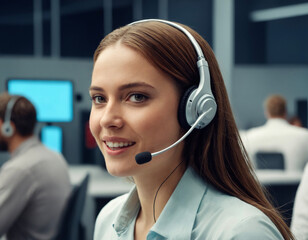 Portrait of a smiling woman in a call center office to help people with telemarketing assistance. She wears a headset and microphone at customer care service among other agent employees.